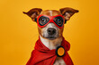 Adorable dog in red superhero cape and mask  on yellow background. super Dog concept. Generative Ai Illustration.