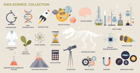 kids science and fun experimental way to teach nature tiny collection set. labeled elements with phy