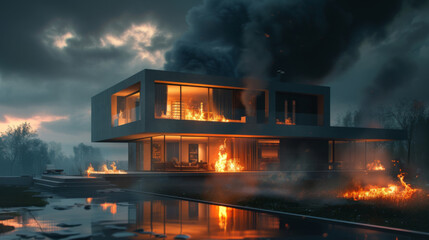 Wall Mural - Fire in the modern house. Burning building in the flames of fire. House Fire at night. 