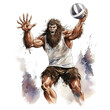 Sasquatch Volleyball Player: With ball and net, watercolour style on white background 