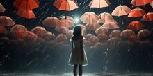 From a low angle, a little girl is seen from behind as she stands in the rain, surrounded by numerous red umbrellas flying into the sky.