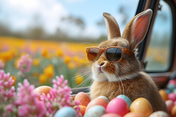 Wall Mural - Cute Easter Bunny with sunglasses looking out of a car filed with easter eggs 