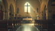 Peaceful Church Interior, Focused Wooden Cross, Receding Pews, Altar Background, Large Wall Crucifix, Stained Glass Window Light Ambiance, Quiet Reverent Worship House Atmosphere.