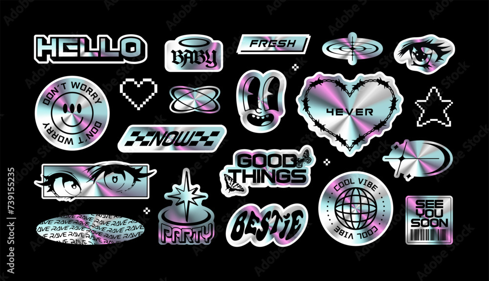 Trendy holographic Y2K sticker illustration set. Retro 2000s text quote ...
