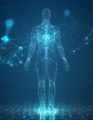 human full body silhouette composed of luminous lines and dots