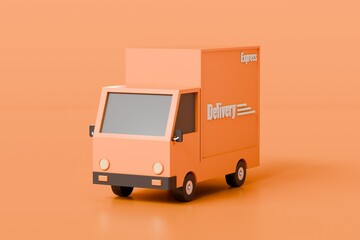 3d orange delivery truck express service car icon. Online shopping concept. fast delivery truck car service concept. Logistic and factory concept. isolated orange background. 3d rendering.