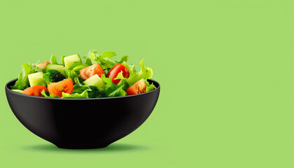 Wall Mural - Vegetable salad in a bowl, light green background, copy space, flat design, banner mockup