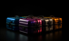 Four multi-colored suitcases on black background