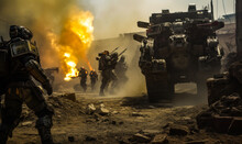The Soldiers Are Fighting In The War Zone. Explosions And Smoke On The Background. The Concept Of Military Conflicts.