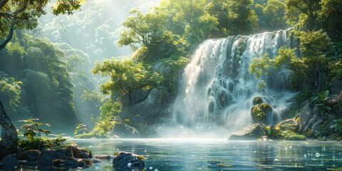 Wall Mural - enchanting waterfall in lush natural forest serene landscape where water cascades over rocks amidst 