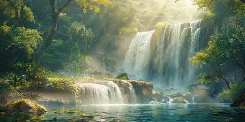 Wall Mural - enchanting waterfall in lush natural forest serene landscape where water cascades over rocks amidst 