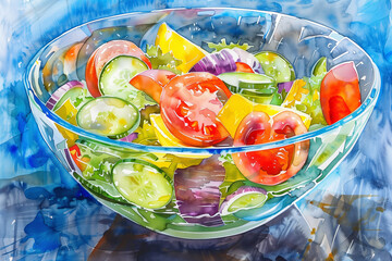 Wall Mural - Vegetable salad in a bowl, watercolor illustration, closeup