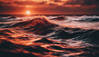 Sunset's dramatic waves in the red ocean, with dark water