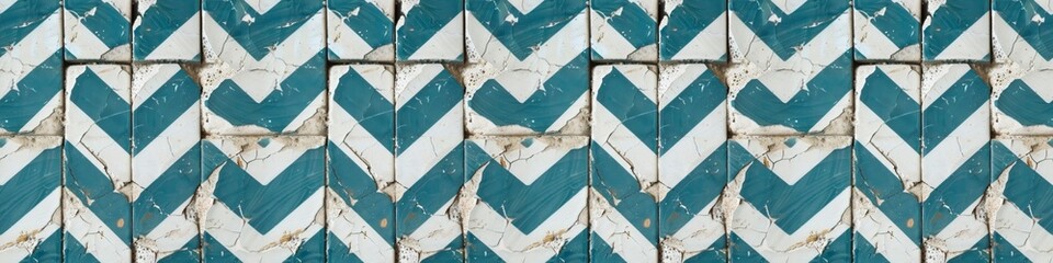 Aufkleber - Turquoise white worn old aged grunge damaged traditional motif tiles texture background banner panorama - Vintage retro cement tile with triangular square, seamless pattern