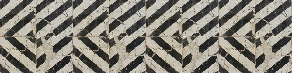 Aufkleber - Black white worn old aged grunge damaged traditional motif tiles texture background banner panorama - Vintage retro cement tile with triangular square, seamless pattern