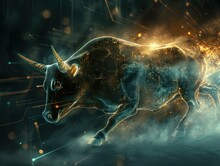 Virtual Bull Market Mascot Showing The Speed Of Bitcoin And Other Market Assets
