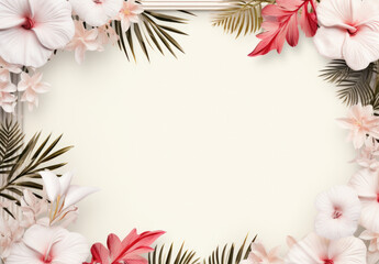 Wall Mural - Blank paper card mockup with frame made of flowers. Festive floral composition with copy space on a pastel background