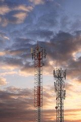 Communication tower top. Radio antenna Tower , microwave antenna tower on light sky background. wireless technology concept. communication development concept.