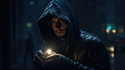 A hooded man on the street holds a flashlight in his hands against the background of a de-energized city. Blackout.