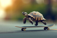 A Large Turtle On A Skateboard In The Park. Sports Funny Animals. Photos Of Funny Animals. A Cheerful Turtle With His Head And Paws Out Is Riding A Skateboard On The Road. Screensavers And Wallpapers 