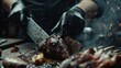 © ArtBox - Chef in black cooking gloves using knife slicing delicious smoking lamb leg