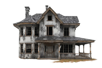 abandoned dilapidated house mansion on transparent background, Png format.