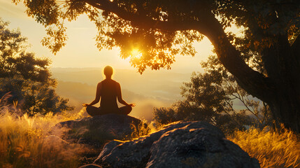 Wall Mural - person person meditating in nature while golden hour