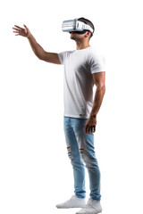artificial intelligence. unknown man standing use virtual reality glasses wearing colorful trendy cl