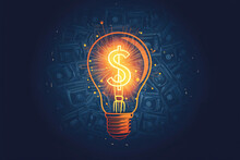 Lightbulb With Glowing Dollar Sign And Currency Symbols On A Dark Blue Background