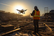 © JR-50 - An aerial drone with a compact high tech design inspecting a large construction site It is equipped with thermal imaging and LIDAR sensors capturing real time data of the
