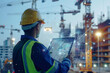 © JR-50 - An engineer on a construction site downloading detailed architectural plans and 3D models to a tablet via a 5G connection The fast download speeds are crucial for real time