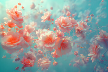 Wall Mural - An explosion of light pink flowers on a light blue background