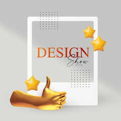 Wall Mural - 3d realistic product display design template. white scene with podium, human hand showing thumbs up 