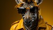 A fashionable zebra showcases its individuality in a vibrant outfit and stylish glasses against a solid yellow background. 