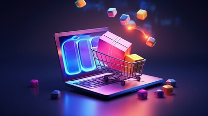 Wall Mural - Shopping cart on a laptop keyboard for online shopping. Digital business concept background.