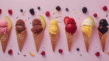 Poster - Array of assorted ice cream cones on pink background, perfect for advertisements, summertime treat theme. AI