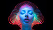 Abstraktes Portrait einer Frau mit transluzenter neon leuchtender Muschelformation vor schwarzem Hintergrund. Surrealistische Illustration