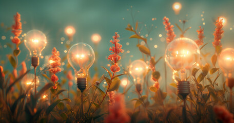 Wall Mural - A field of spring flowers and lit bulbs