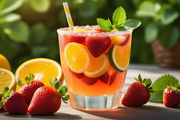 Wall Mural - Refreshing Glass of Lemonade With Strawberries and Lemons