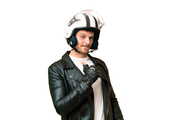 Wall Mural - Brazilian man with a motorcycle helmet over isolated chroma key background proud and self-satisfied