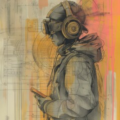 Wall Mural - a drawing of a man wearing headphones and holding a phone