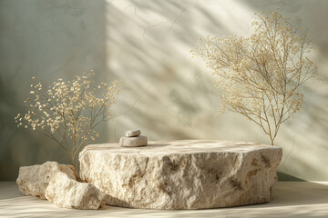 Composition empty podium material tree stone dry flowers. Product presentation. Background beige green