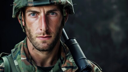 Poster - A stoic soldier stands ready for battle, his camouflaged uniform blending seamlessly with the outdoor terrain as he grips his rifle with determination in his human face