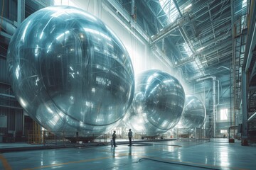 Industrial Factory Scene with Two Large Metal Spheres and a Worker Standing in Front