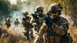 Amidst the outdoor battlefield, a squad of heavily armed soldiers in military camouflage and ballistic vests hold their weapons with fierce determination, ready to defend their country as they embody