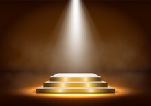 Golden Podium With Smoke Illuminated By Spotlights. Empty Pedestal For Award Ceremony. Vector Illustration.