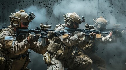 Wall Mural - An elite squad of soldiers, armed with a variety of weapons and donning their camouflage uniforms, prepare for combat in the midst of a war-torn landscape