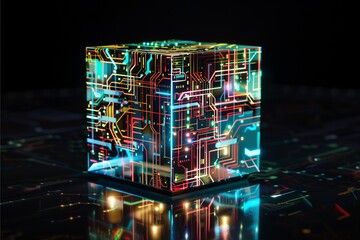 A visualize software code connection of cube database with electronic tech line for futuristic light for technology data connection
