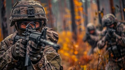 Wall Mural - A fierce squad of soldiers, armed with rifles and clad in camouflage, stands ready to defend their military organization with their powerful weapons and ballistic vests