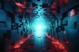 Fototapeta Przestrzenne - dark tunnel as background with many red and blue block shapes and cubes, abstract space, hi tech in the style of 3D rendering, digital art